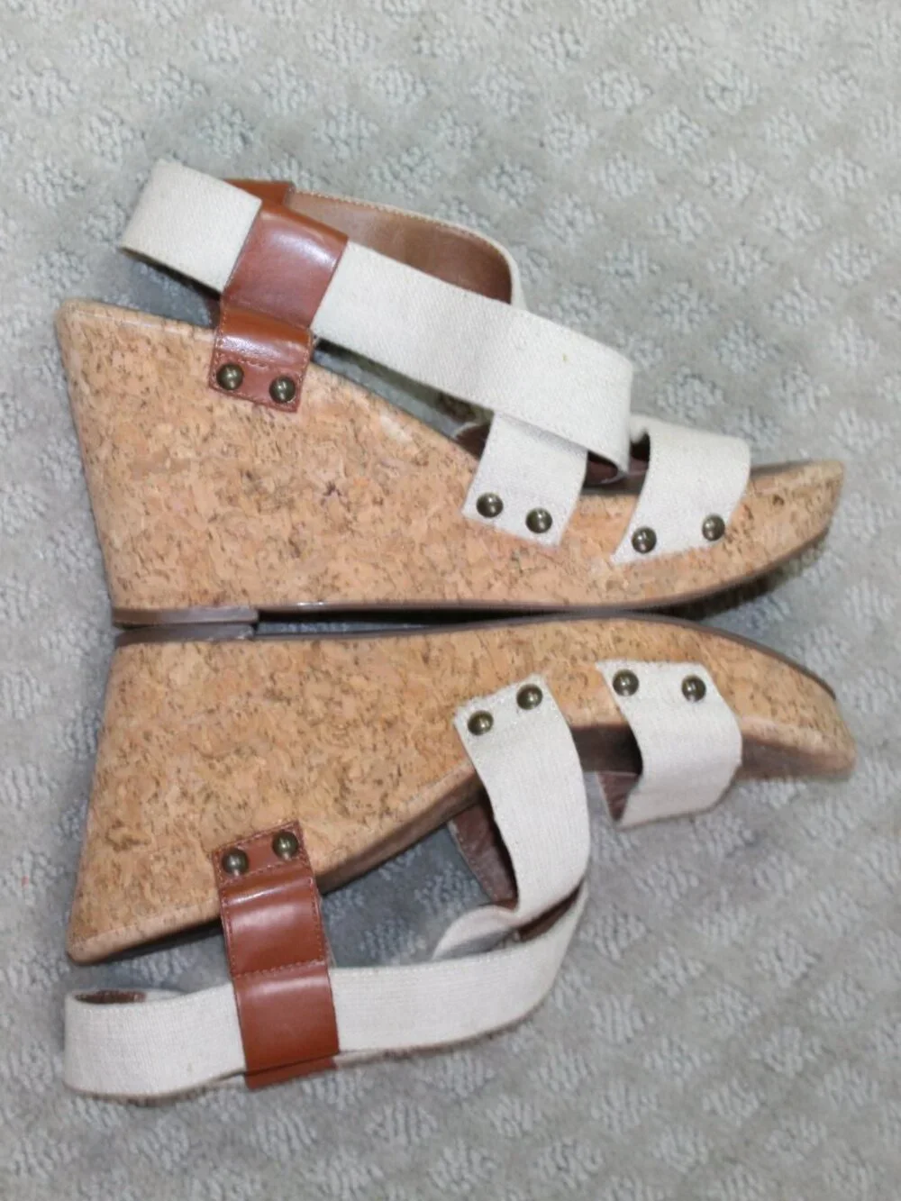 Lucky Brand Size 8 Cream Canvas Faux Leather Accents Cork Wedge Heel Sandals
